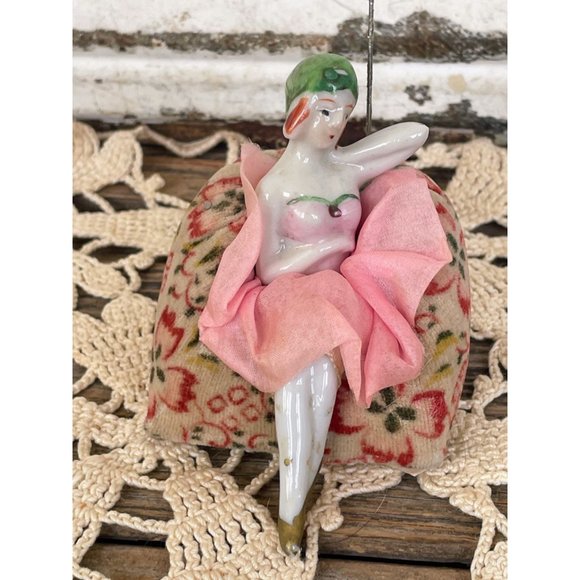 Antique Bathing Beauty Type pincushion Half Doll On Chair Legs out Japan - Picture 2 of 11